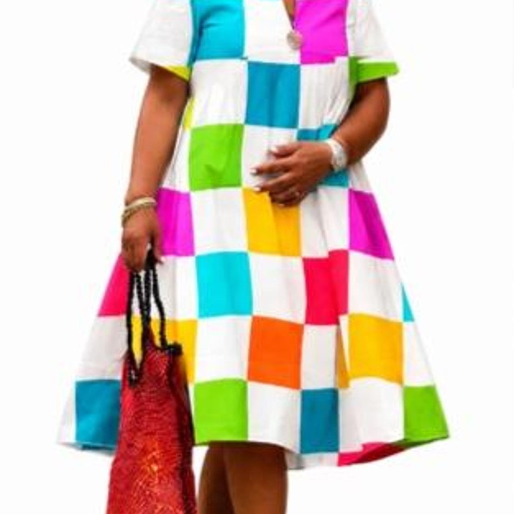 OAHOPLIVE Women's Loose Contrast Color Plaid Pleated Deep V-Neck Midi Dress